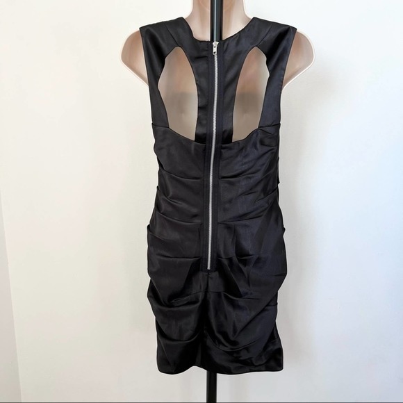 Hailey Adrianna Papell black satin dress zipper back cut out mini LBD ruched 7/8 - Picture 2 of 12